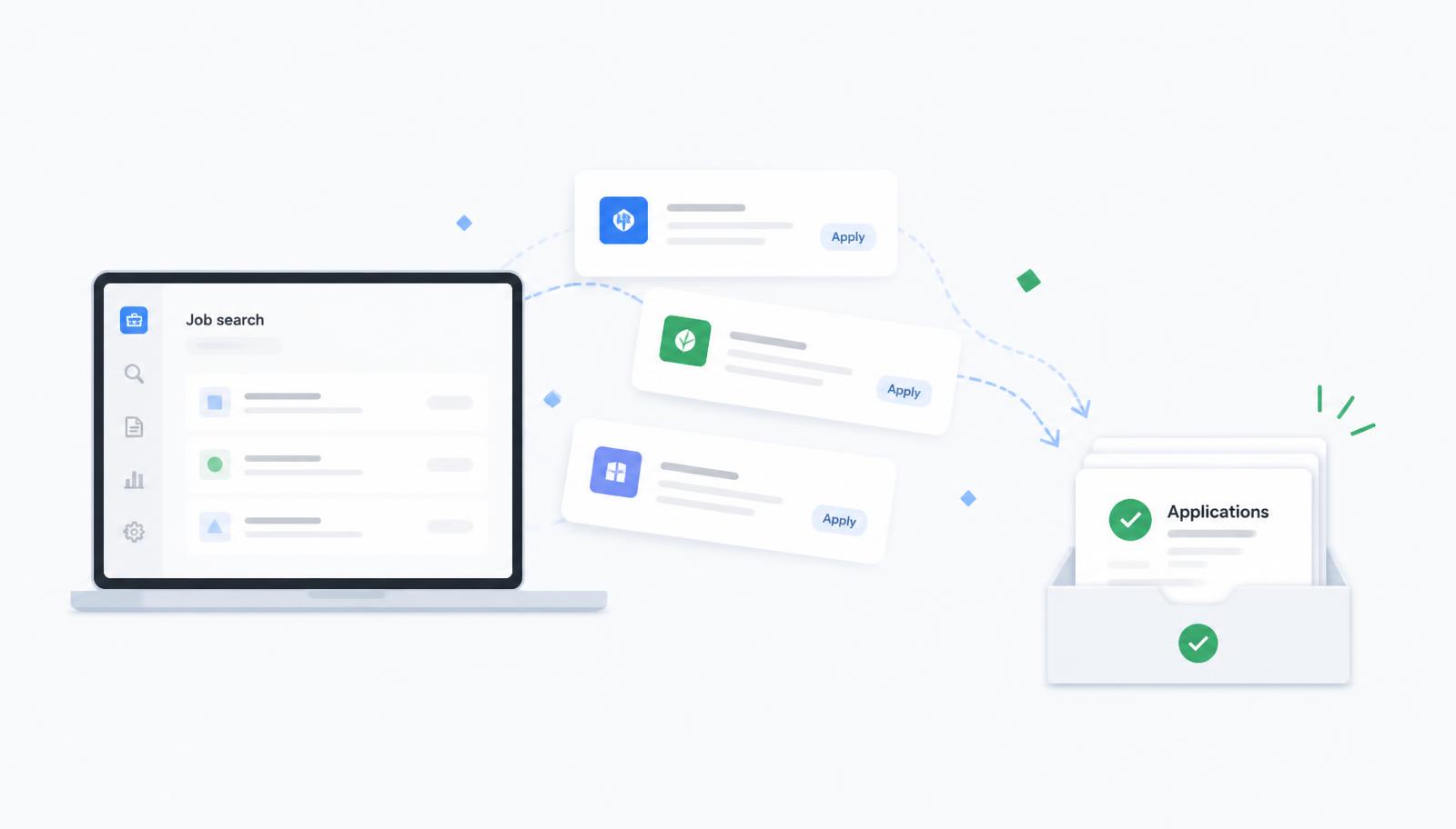 Illustration of job applications being automated from a laptop into an organized stack
