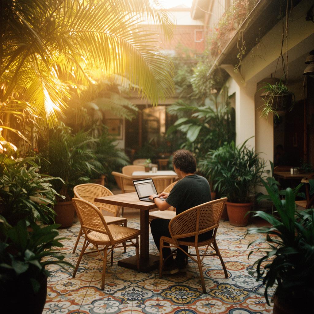 A woman smiling while working on a laptop at a sunny café table surrounded by plants