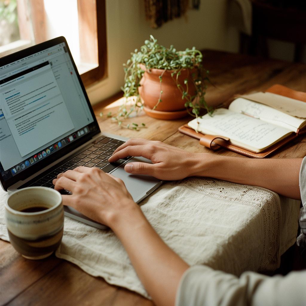 A calm home desk by a sunlit window with a laptop, plant, and coffee mug